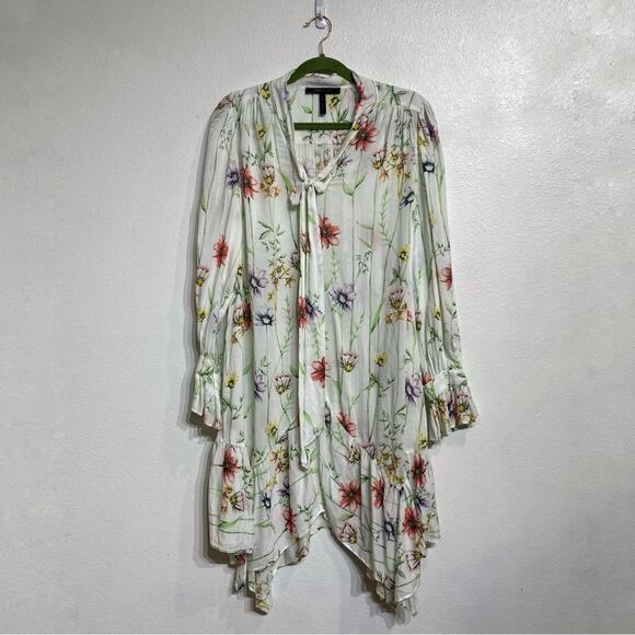 BCBGMAXAZRIA White Botanical Floral Print Tie Neck Mini Shift Dress Sz S - Picture 2 of 12